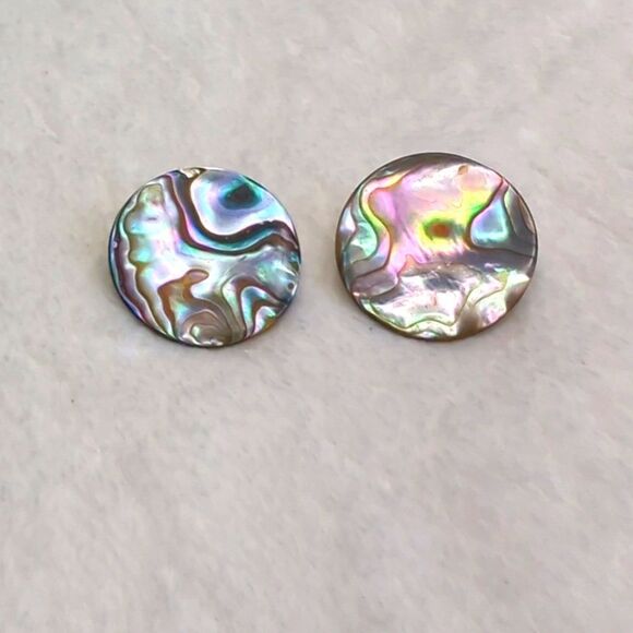 Vintage 80's Round Button Abalone Pierced Earrigns - Picture 4 of 6